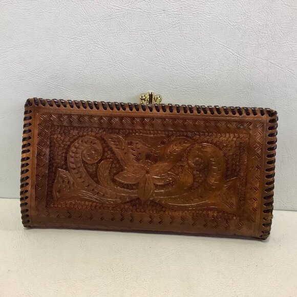 Vintage Handmade Hand Tooled Brown Leather Wallet 7 1/2" x 3 1/2" - Picture 3 of 10